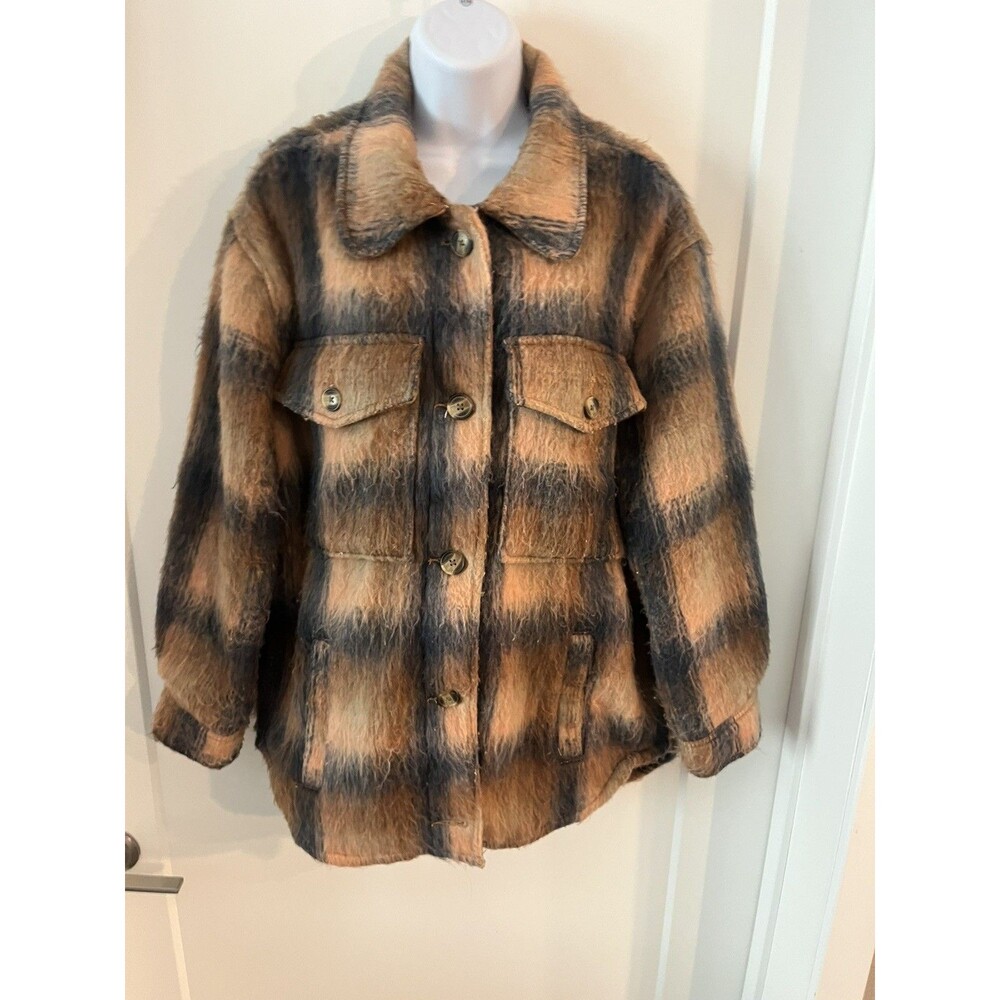 American Eagle Faux Mohair Brushed Plaid Sherpa Shacket Oversized Size S